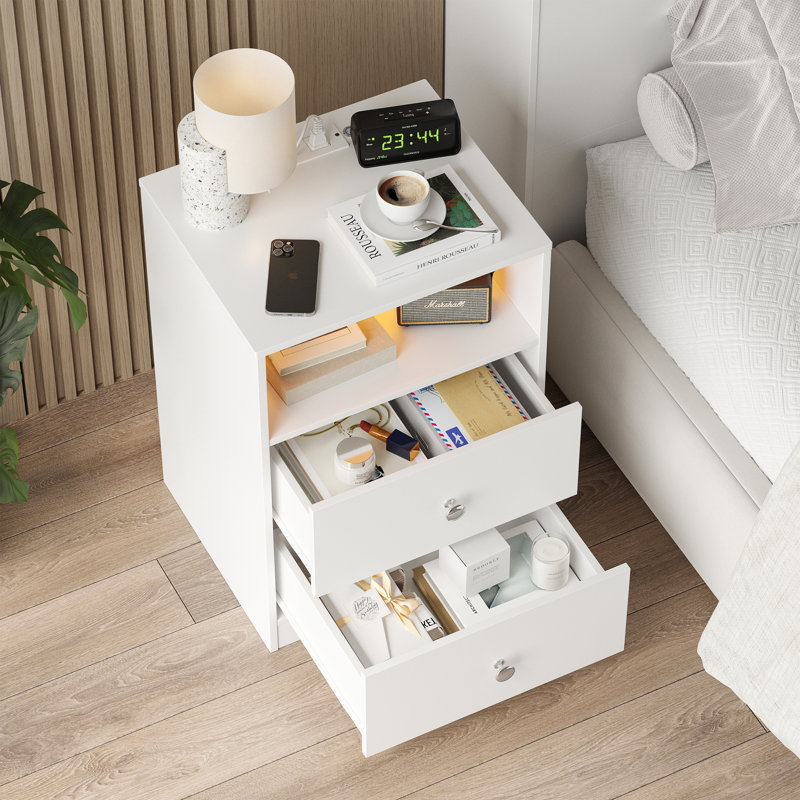 Table de chevet moderne avec station de charge et lumière DEL intelligente, table de chevet avec 2 tiroirs et tablette ouverte, petite table de bout pour la chambre à coucher, blanc