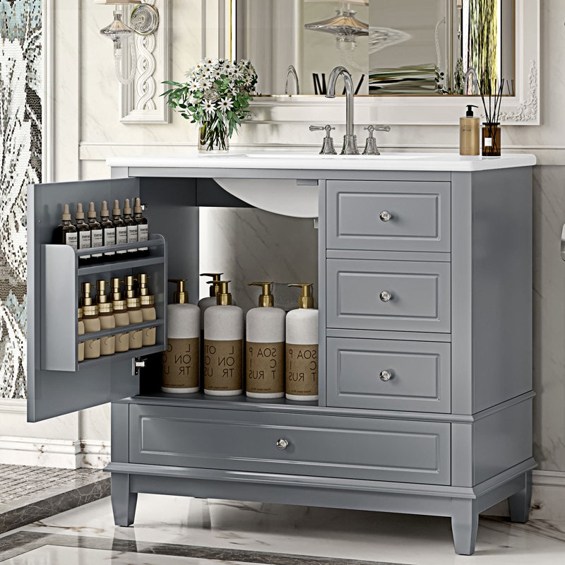 Meuble-lavabo autoportant avec lavabo en céramique, Gris, Argent argent