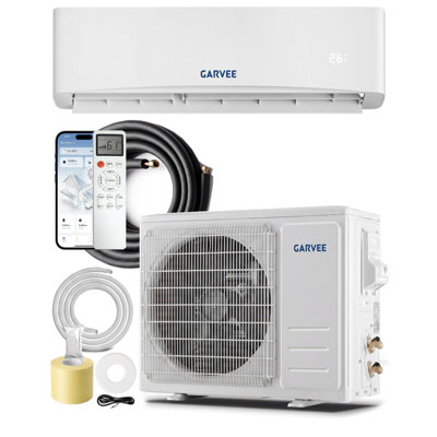 Thermopompe à courant alternatif sans conduit 9 000 BTU et pompe à chaleur, unité murale à onduleur 17 SEER2, 208-230 V 60 Hz, réfrigérant R32, compatible WiFi et Alexa, nettoyage automatique, fonctionnement silencieux pour des espaces jusqu'à 450 pieds carrés, blanc