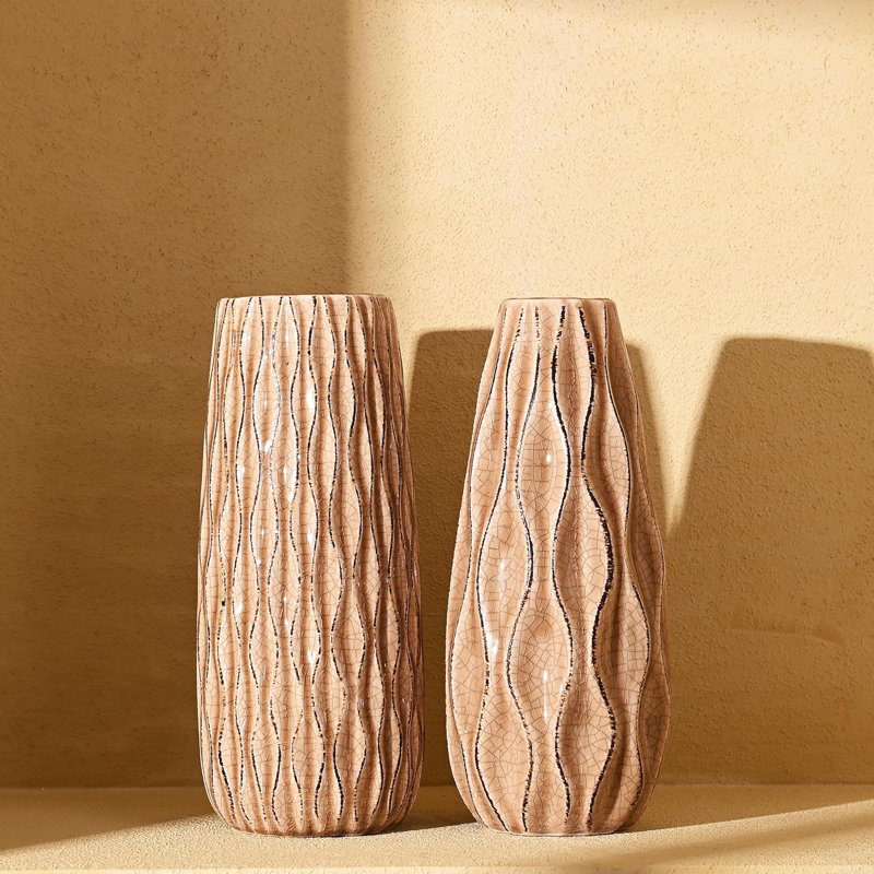 Ensemble de 2 vases décoratifs rustiques en céramique 9,5 pouces, Beige