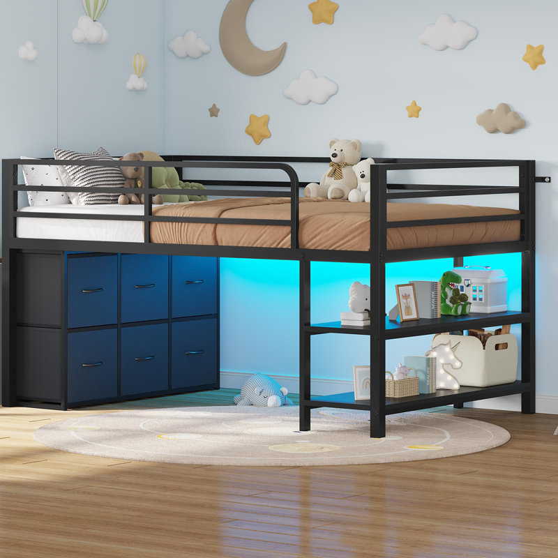 Twin Size Loft Bed With 6 Fabric Storage Drawers, Metal Low Loft Bed With Led Lights & Open Storage Shelves, 15" H Safety & Guardrail Stairs Bed