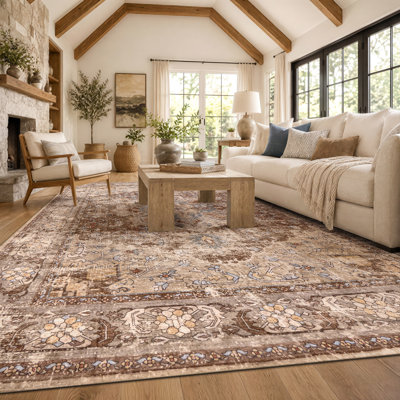 Tapis brun châtaignier traditionnel antidérapant lavable à la machine