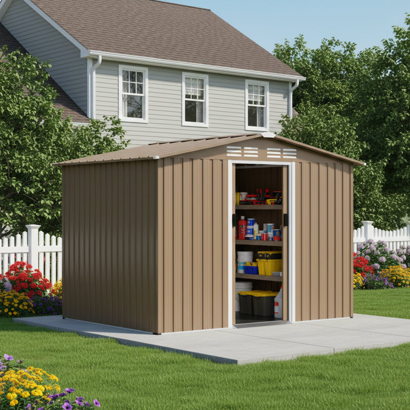 8' x 6' Galvanized Steel Outdoor Storage Shed with Floor and Sliding Door for Garden Tools