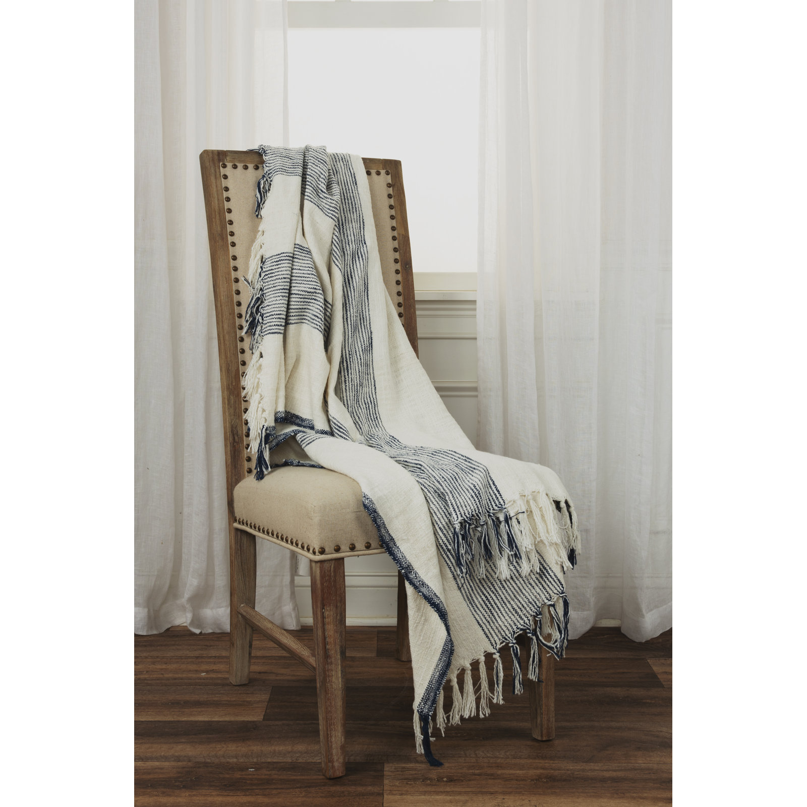 Hopkins Cotton Throw Blanket, Ivory/Blue