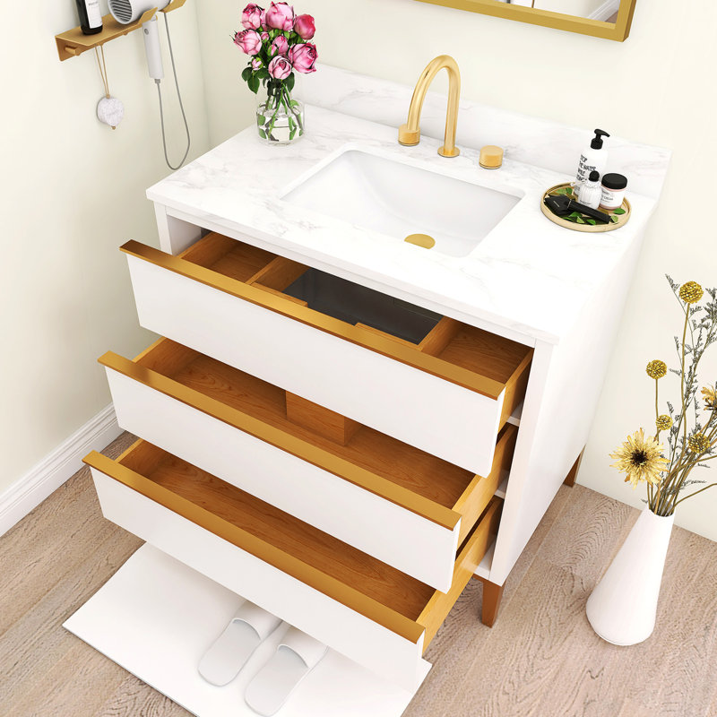 Meuble-lavabo autoportant 36 po avec comptoir en quartz blanc Carrara, 3 tiroirs