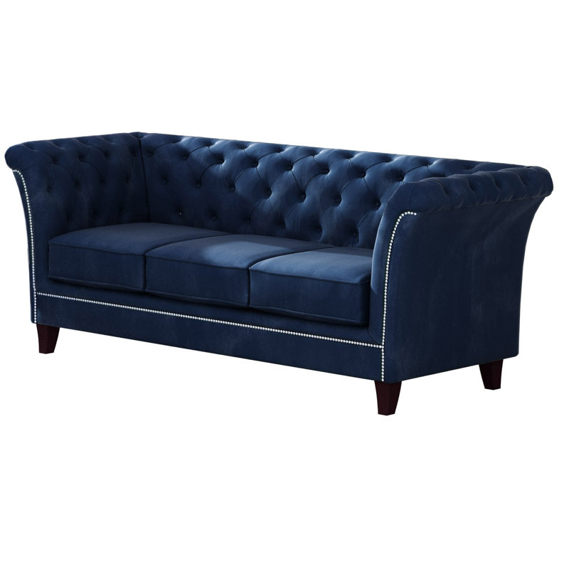 Chesterfield  Sofa 3 Seater Made of Velvet Fabric with Solid Wood Legs, Navy Blue