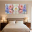 Plantes et fleurs, pivoines roses, blanc, rose, bleu, delphiniums, ensemble de 3 impressions sur toile-409637242