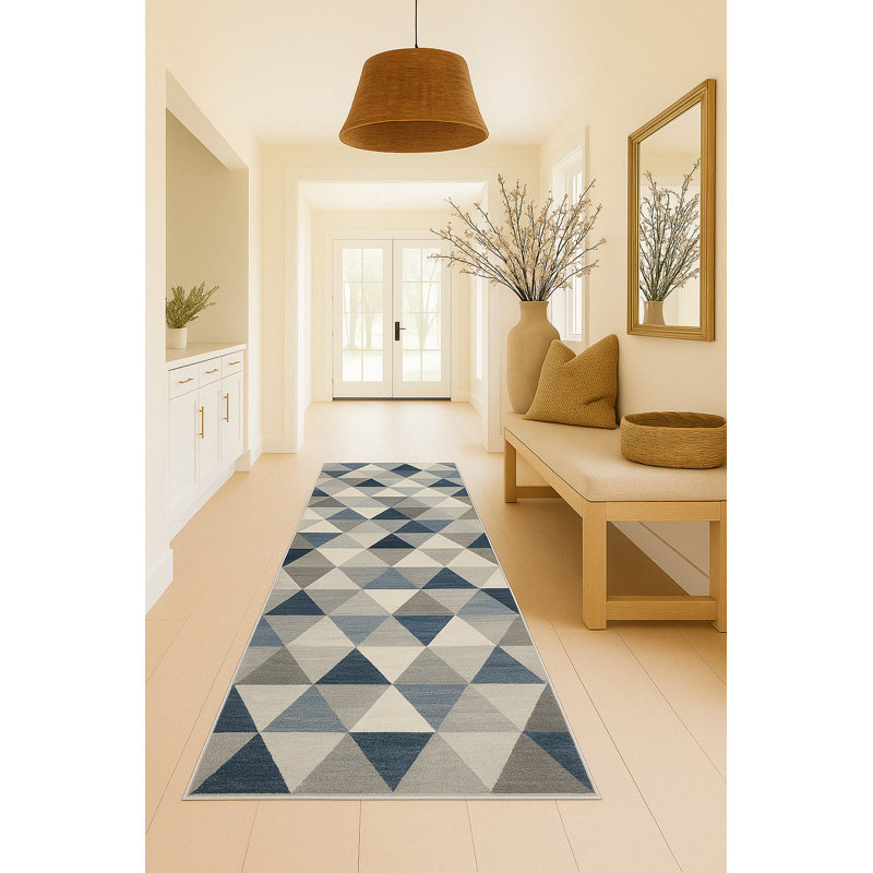 Rug Branch Eldin 2' x 20' (2'3" x 20')  Blue/Beige Geometric Indoor Runner Rug, Contemporary, Low Pile, Stain-Resistant Hallway Carpet - Entryway, Mudroom, Bedroom, and Kitchen