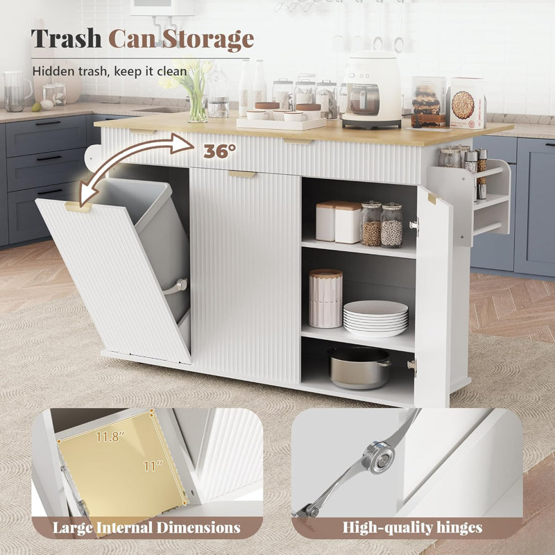 51“ Kitchen Island With Storage & Power Outlet, Rolling Kitchen Island Cart With Trash Can Storag, Spice Rack, Towel Rack, Kitchen Islands On Wheels With Storage, Portable Island Table For Kitchens