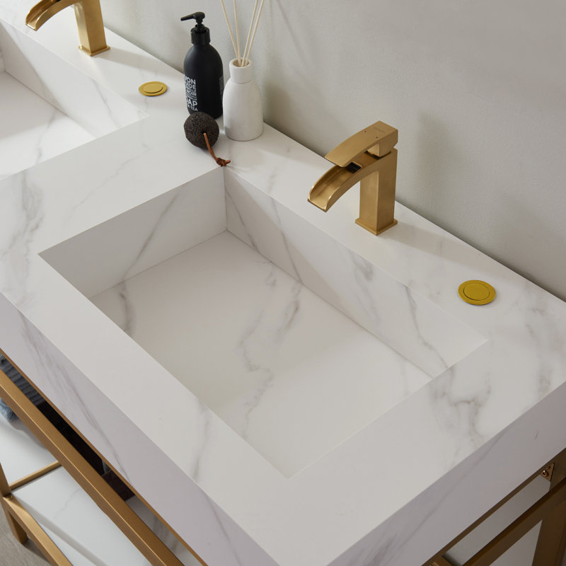 Ensemble de meuble-lavabo double 72 ", Or brossé, Pierre blanche