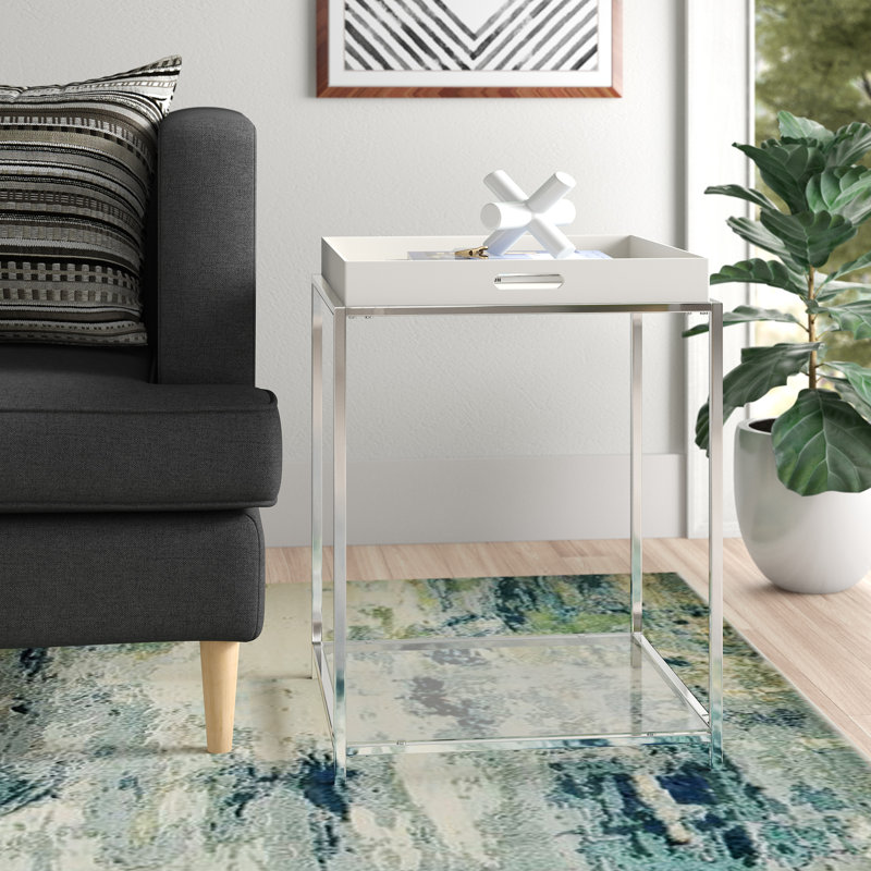 Table de bout avec plateau en verre et rangement, Blanc
