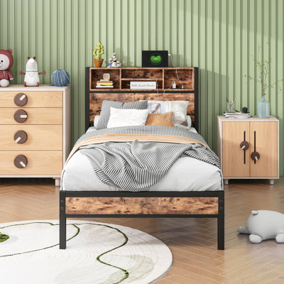 Twin Bed Frame With Charging And Bookcase Storage, Metal Platform Bed, Noiseless Aesthetically Appealing Station 4 Storage Shelves In Headboard, Industrial Retro Bedroom Use, Easy Assembly
