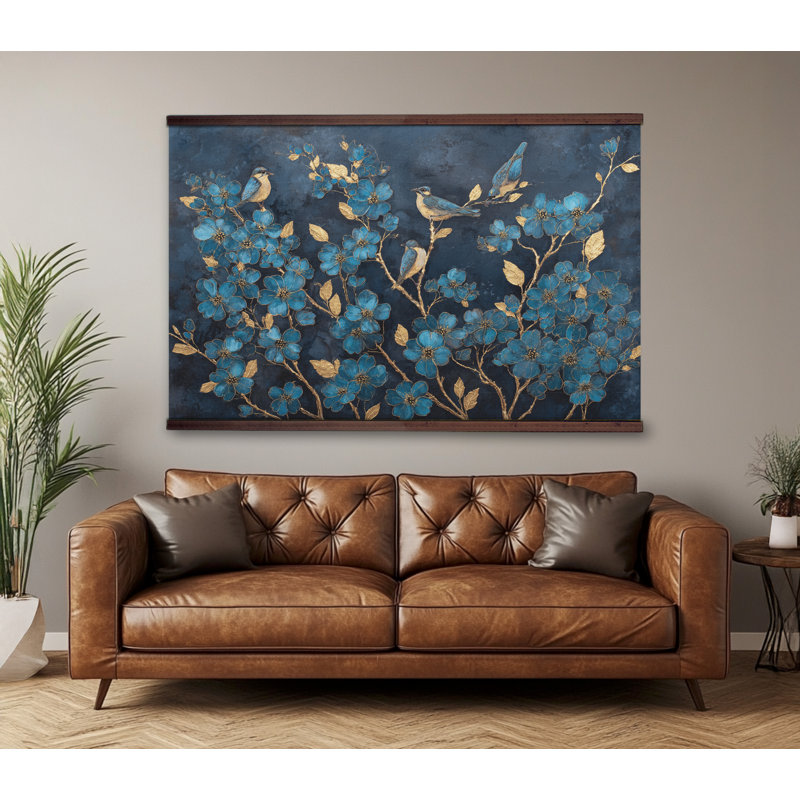 Tapisserie murale «Blue Blossoms and Birds» avec barres en bois, H 32 po x l 48 po