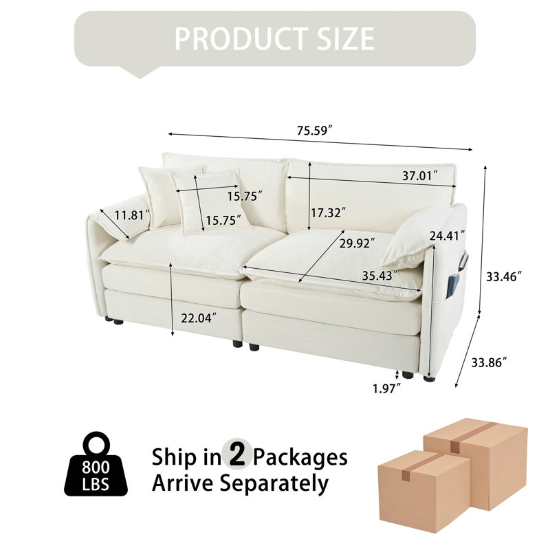 Canapé surdimensionné à 2 places 75,59 "avec 2 coussins décoratifs Cloud, H 33,46 po x l 75,59 po x P 33,86 po, 2, Beige