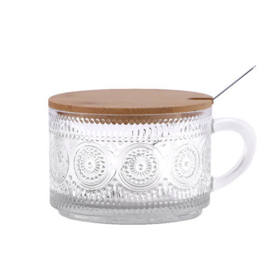 Household Embossed Glass Breakfast Cup with Handle for Yogurt Oatmeal