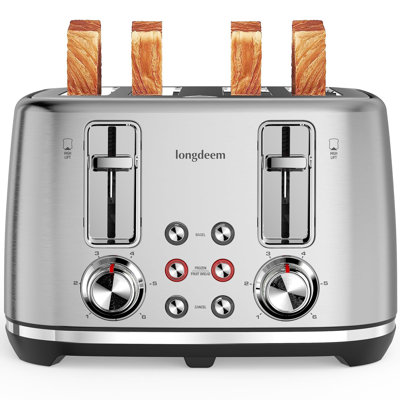 4 Slice Toaster, Extra Wide Slots, Longdeem Retro Stainless Steel Toasters, 6 Browning Options, Auto Shut Off & Frozen Function, Toast Fruit Bread, Bagel & Waffle