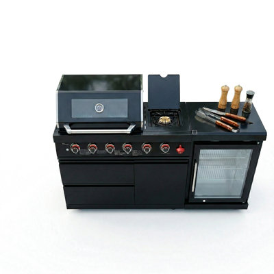 Cuisine d'extérieur 46 pouces à 4 brûleurs 72000 au gaz avec réfrigérateur compact, ensemble, sortie de chaleur 85000, hotte de barbecue à double doublure, chaleur de barbecue à contrôle de température, réfrigérateur à porte vitrée