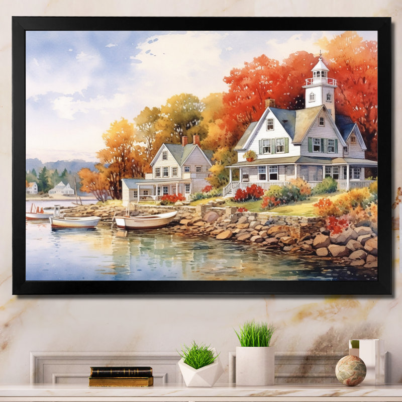 Connecticut's Lake Village Charm I, reproduction d'art sur toile, H 24 po x l 32 po x P 1 po, Cadre photo noir