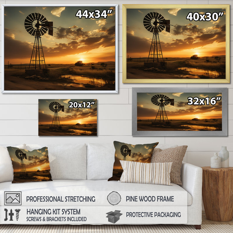 Texas Rustic Windmills - Wind Turbines, art mural pour le salon, H 12 po x l 20 po x P 1 po, Cadre flottant blanc