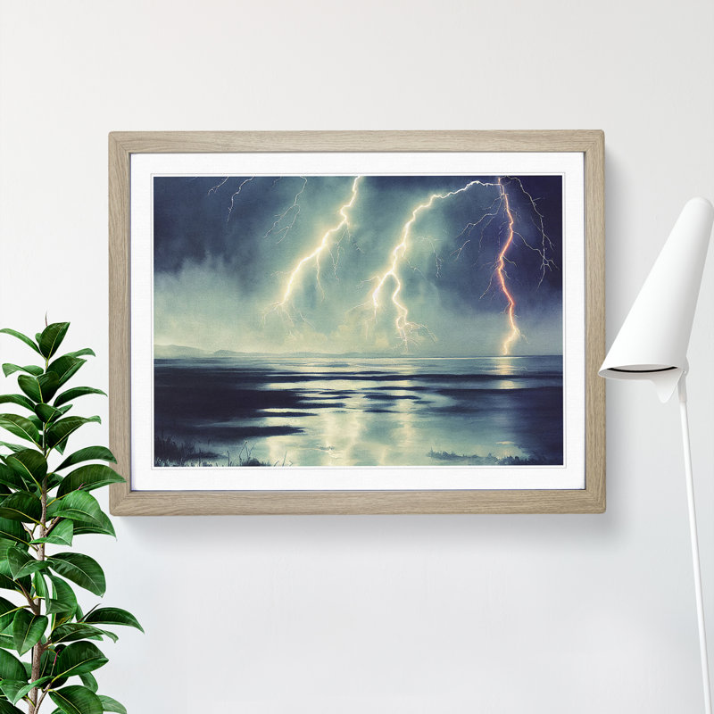 Exhilarating Lightning Storm 1 Piece Single Picture Frame Painting, 46cm H x 64cm W x 2cm D, Oak