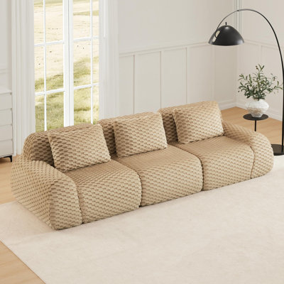 Canapés modulaires de 114 po modulaires désossés pour le salon, ensemble de canapés compressés à siège profond 3 places, aucun assemblage requis, tissu en flanelle, trois places confortables en forme de nuage, canapés de salon, chameau clair