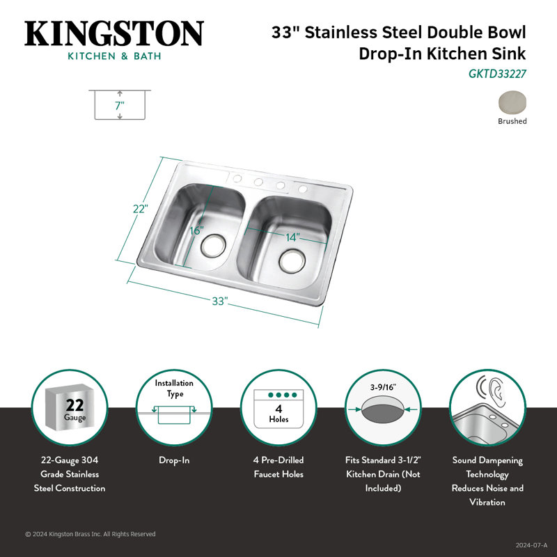 Évier de cuisine à double cuve encastré à 4 trous en acier inoxydable Kingston