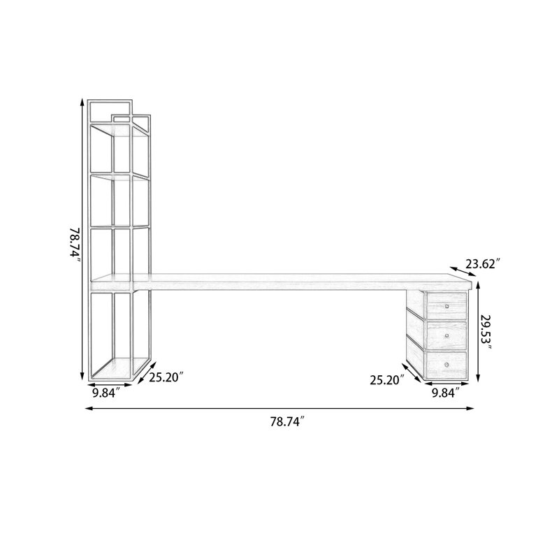 Light-walnut + Black Rectangular Solid Wood + Iron with 3 drawers Desk, 78.74" H x 78.74" W x 23.62" D