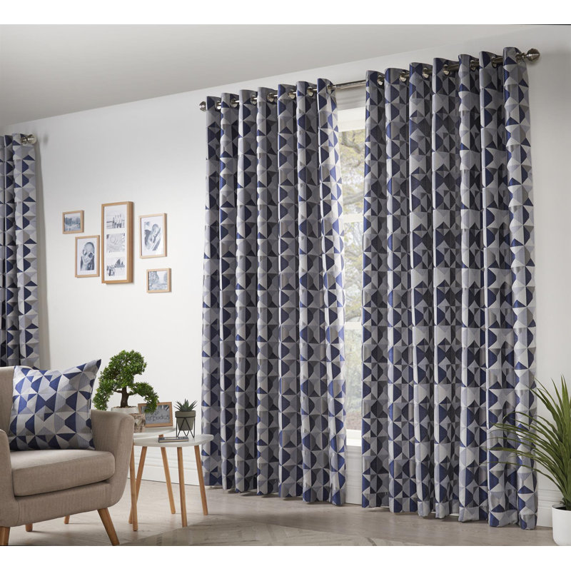 Stamper Semi Sheer Curtain Pair, 229 W x 183 D cm, Navy/Silver