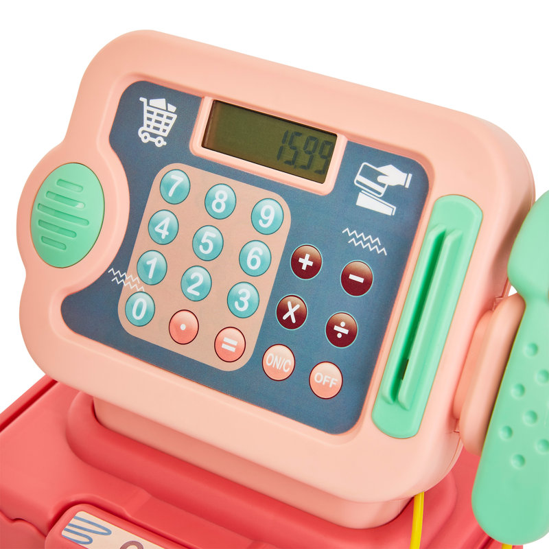 Toy Cash Register for Kids - 30-Piece Grocery Store Pretend Play Set with Play Money for Kids Cash Register with Scanner, Toddler Food, and Basket for Ages 3 and Up by Hey! Play!