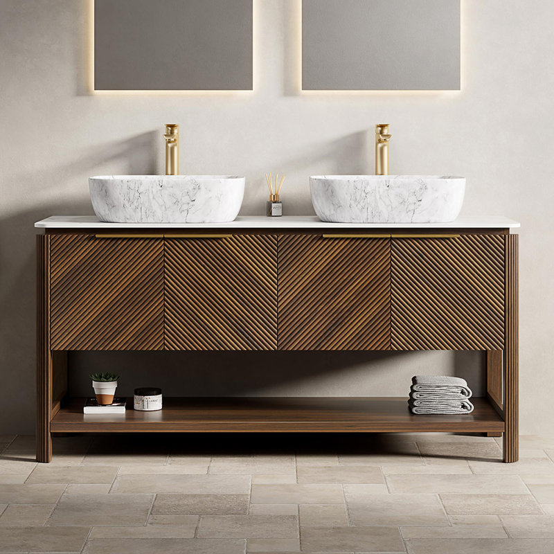 Meuble-lavabo autoportant avec comptoir en pierre frittée, 60"
