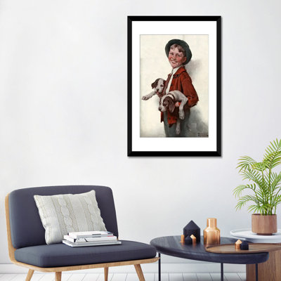 «Boy with Puppies», peinture sur toile tendue