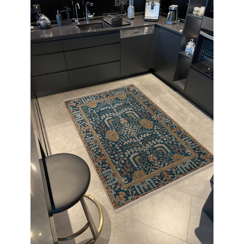 Tapis décoratif à motif floral bleu et jaune, Rectangle 5 pi 1,02 po x 7 pi 6,55 po