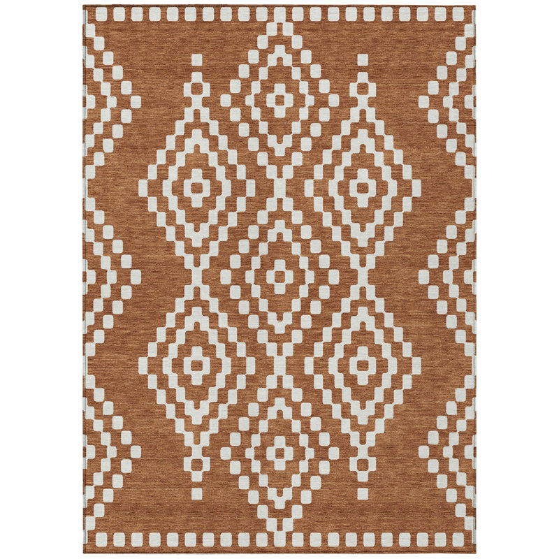 Tapis extérieur lavable 8 pi x 10 pi en terre cuite et ivoire à motif géométrique