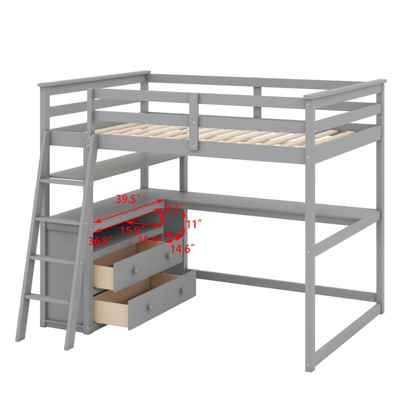 Loft Bed With Desk And Shelves,Drawers, Gray