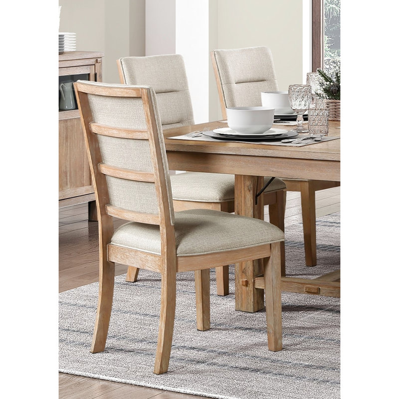 Chaise de salle à manger en chêne rustique 2 pièces, siège recouvert de tissu beige et dossier en échelle de bois de 2, coussin de dossier rembourré
