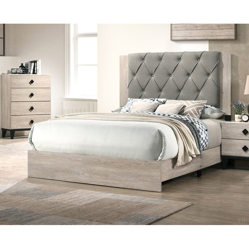 Lit de chambre à coucher contemporain contemporain 1Pc avec tête de lit capitonnée en bois d'hévéa 1pc, Crème/gris, Grand lit