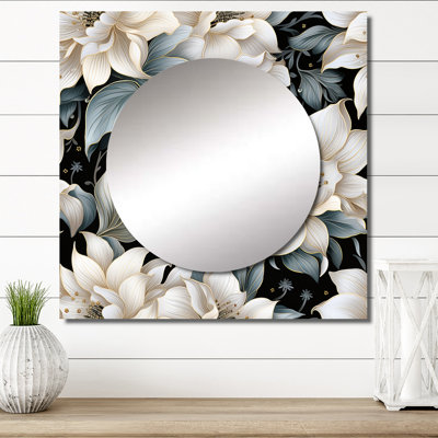 Motif de fleurs exotiques grises et blanches - Miroir floral carré pour décoration murale