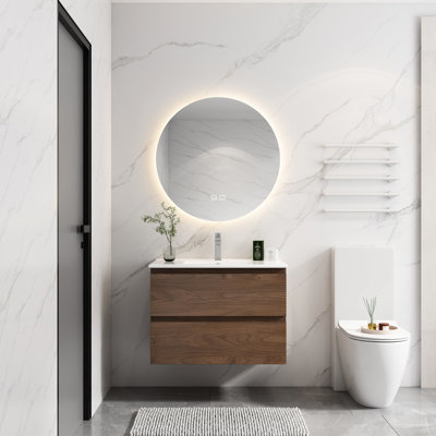 Meuble-lavabo de salle de bain 30 po en céramique - fixé au mur, 2 tiroirs à fermeture en douceur, fonctionnalité moderne avec style lavabo, aspect élégant