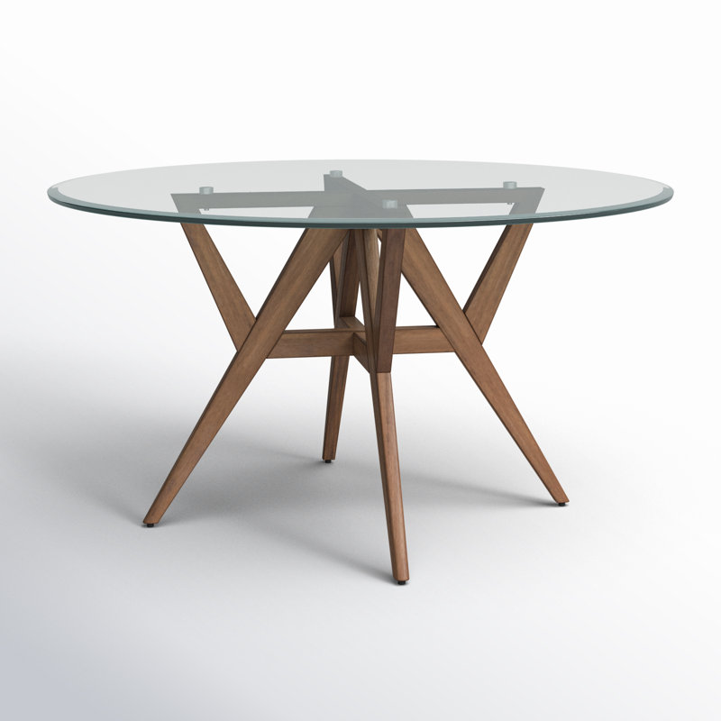Ashyla Round Glass Top Solid Wood Base Dining Table, Clear
