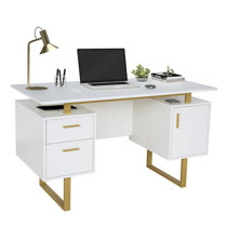 Mercer41 Mirie 35.4Modern Small Makeup Vanity Computer Desk with 2 Drawer,  Padded Stool