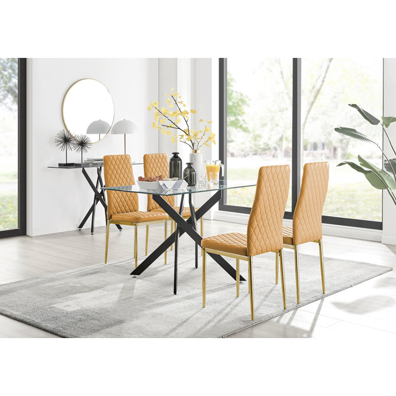 Lenworth Modern Black Metal and Glass Dining Table Set - x4 Luxury Faux Leather Dining Chairs, Mustard/Gold