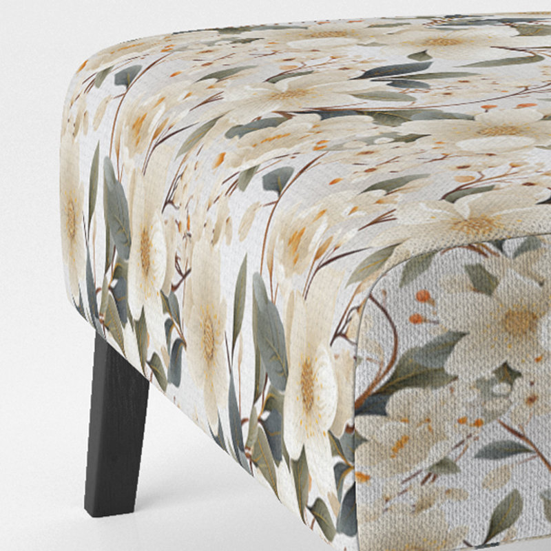 White Poppies Minimalist Floral Elegance - Upholstered Farmhouse Slipper Chair, White Accent Chair