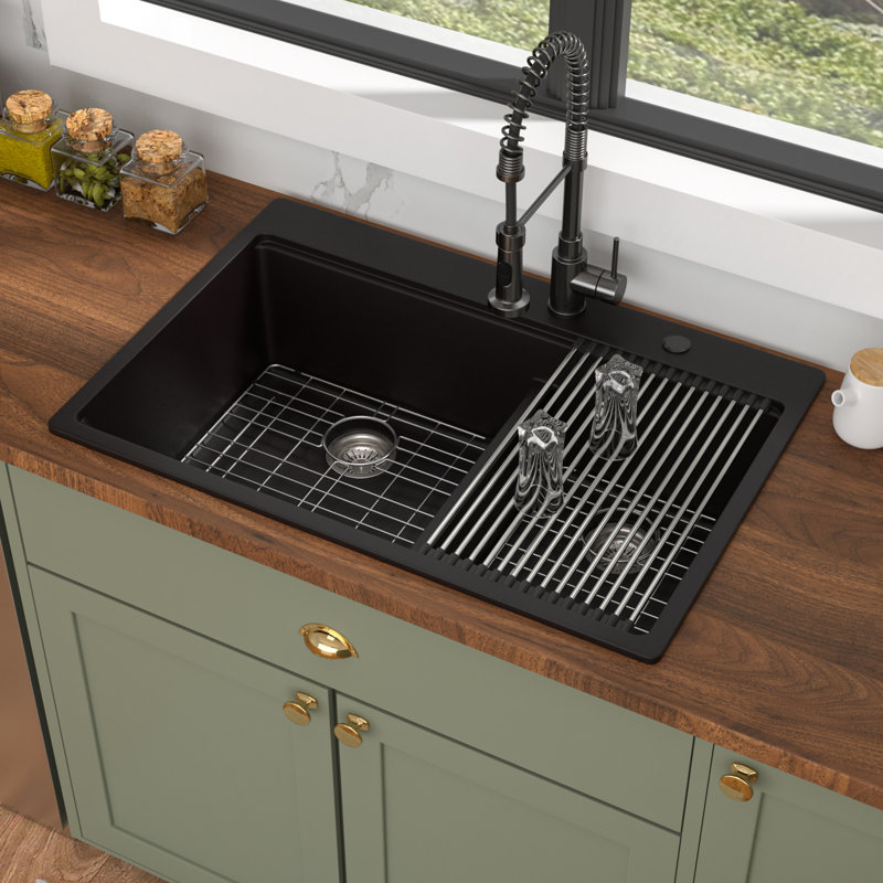 Évier de cuisine en quartz 33 po x 33 po L 33 po x L 22 po avec plan de travail et support à roulettes, Noir