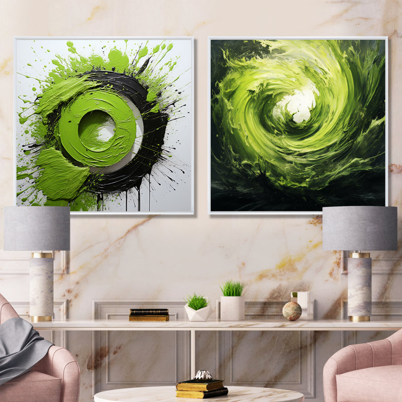 «Green Spiral Neon Fusion I», ensemble de 2 collages abstraits, H 36 po x l 73 po x P 1,5 po, Cadre flottant blanc