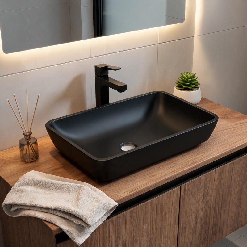 Vasque de salle de bain rectangulaire en verre noir mat, 56 cm x 36 cm x 10 cm, avec robinet et bonde clic-clac.