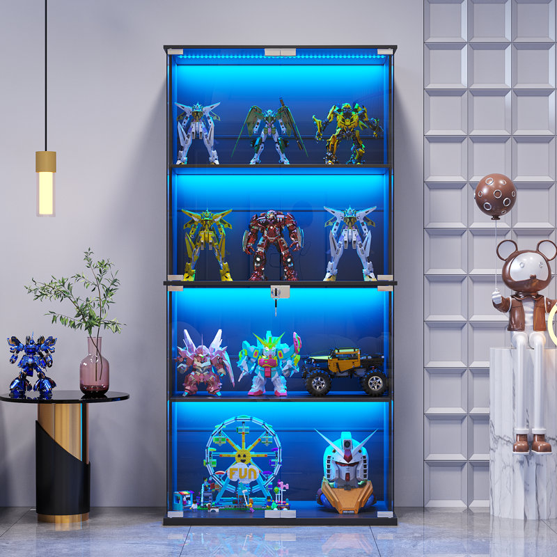 Display Cabinet With Glass Doors, Lighted Display Case With 3 Color Lights, 4-tier Bookcase With Human Body Sensor, Black