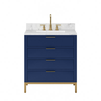 Bristol 30 In. Single Sink Carrara White Marble Countertop Bath Vanity In Pure White With Satin Gold Gooseneck Faucet