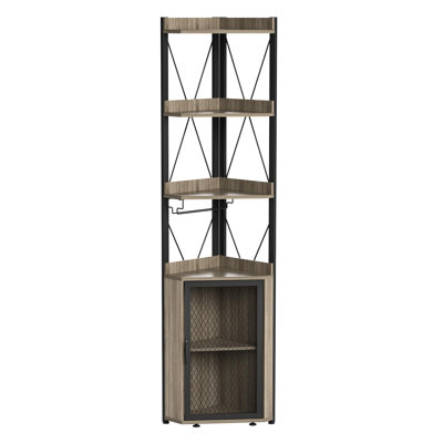 70" Tall Industrial Corner Bar Cabinet with 5-Tier Wine Rack, Freestanding Liquor Storage Sideboard, Glass Holder, Adjustable Shelves, Mesh Door, Space-Saving Display for Dining Room, Home Bar – Gray