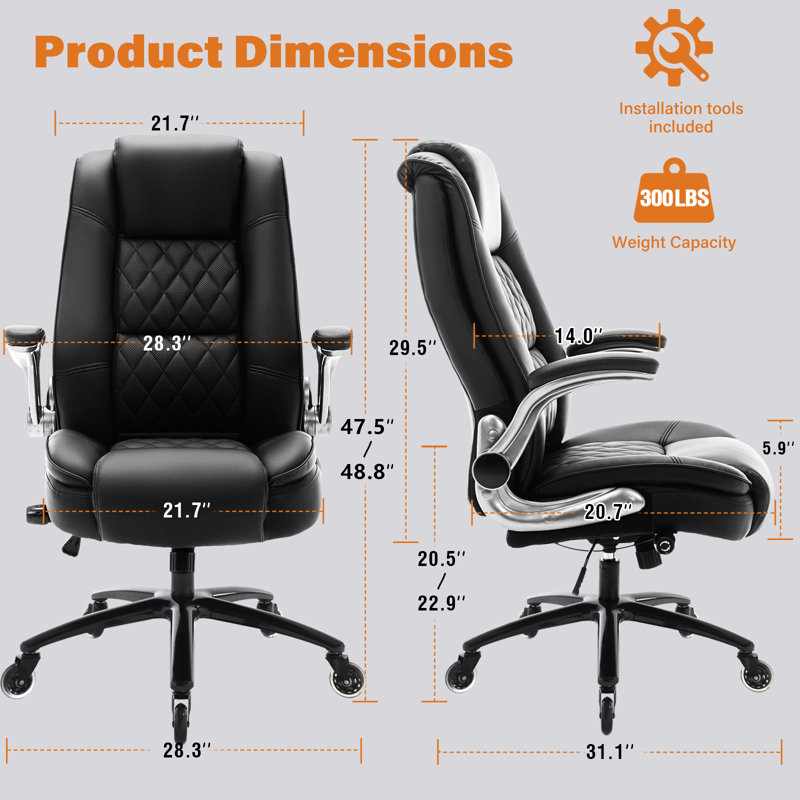 High Back Executive Office Chair with Adjustable Lumbar Support, Flip-Up Padded Arms, Thick Spring Cushion, Faux Leather Swivel Desk Chair with Wheels, 350 lbs Capacity