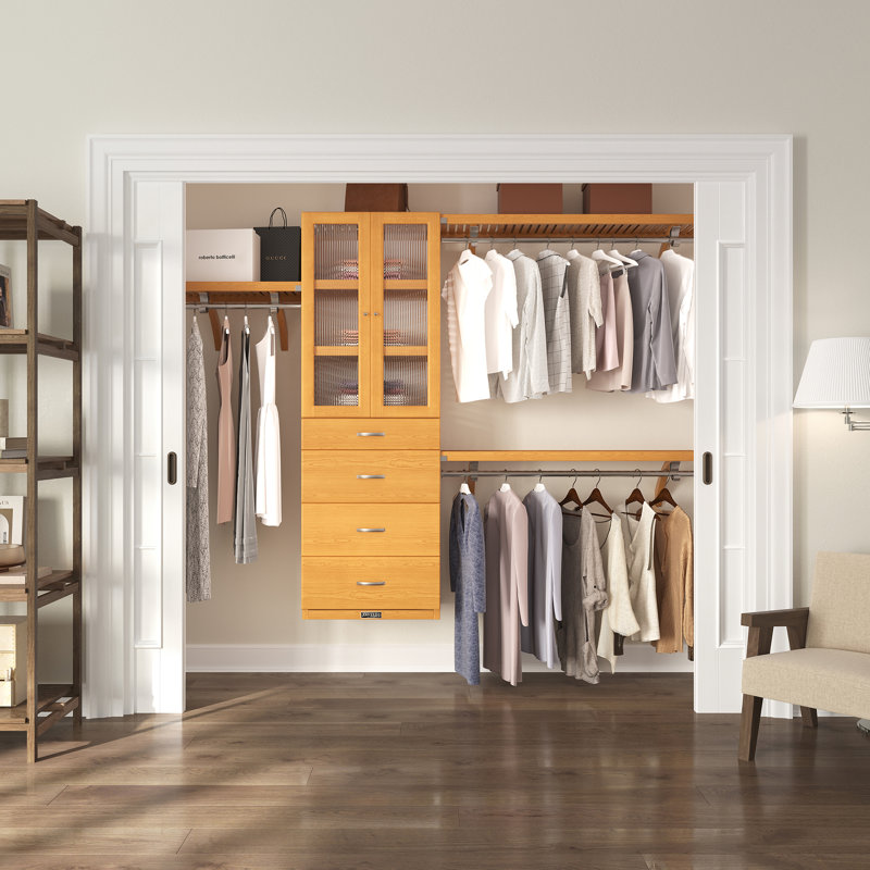 Système d'organisation en bois massif avec 4 tiroirs et portes en verre John Louis Home, Érable miel